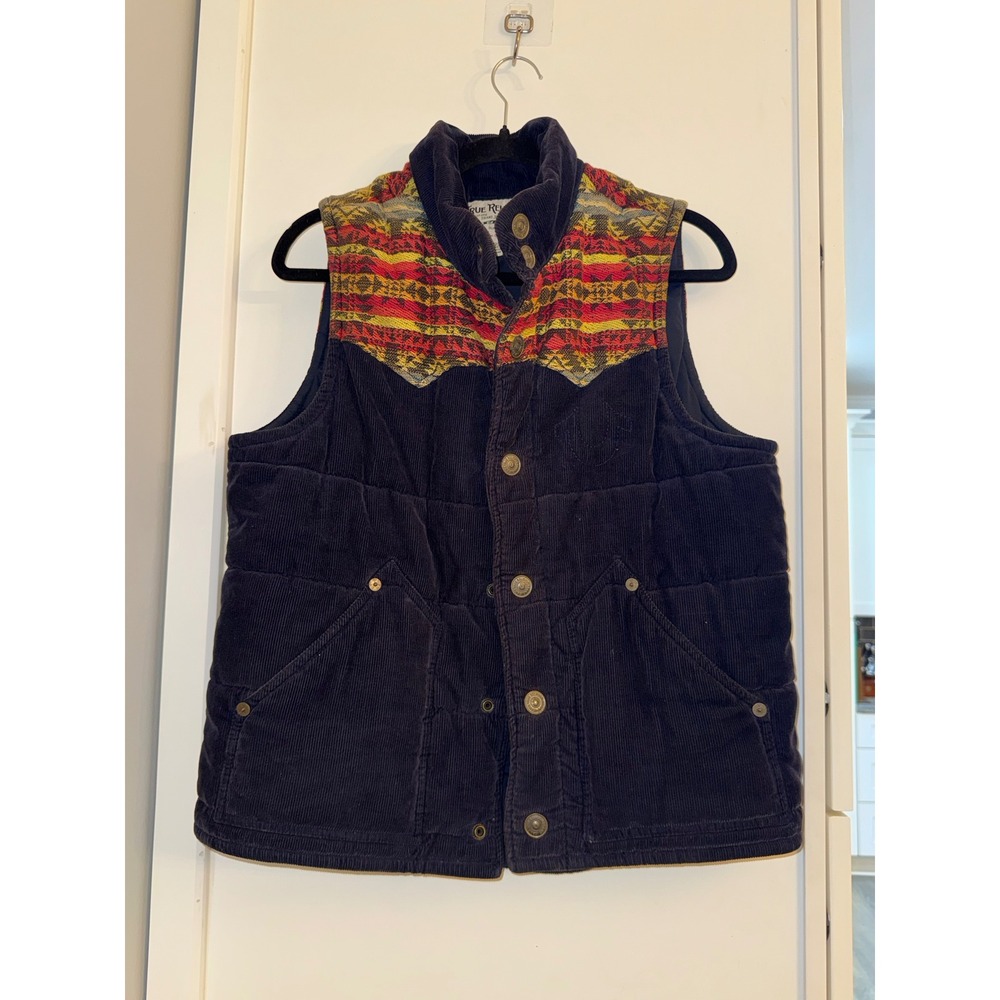 True Religion Mens Navy Corduroy Puffer Vest Southwestern Yoke Size M